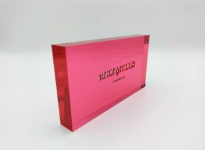 Roze acrylblokken (plexiglas) met logo gegraveerd